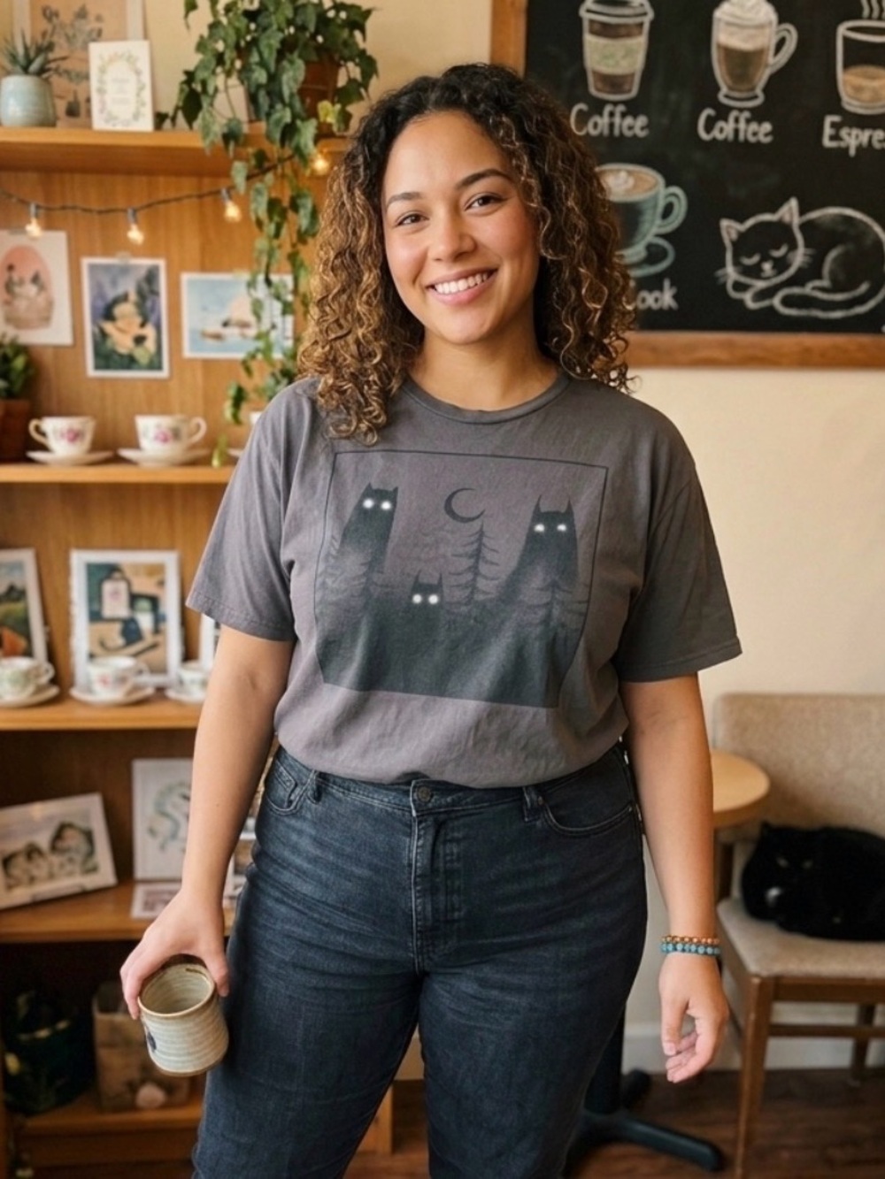 Gray Graphic Tee with Night Forest Cat Design
